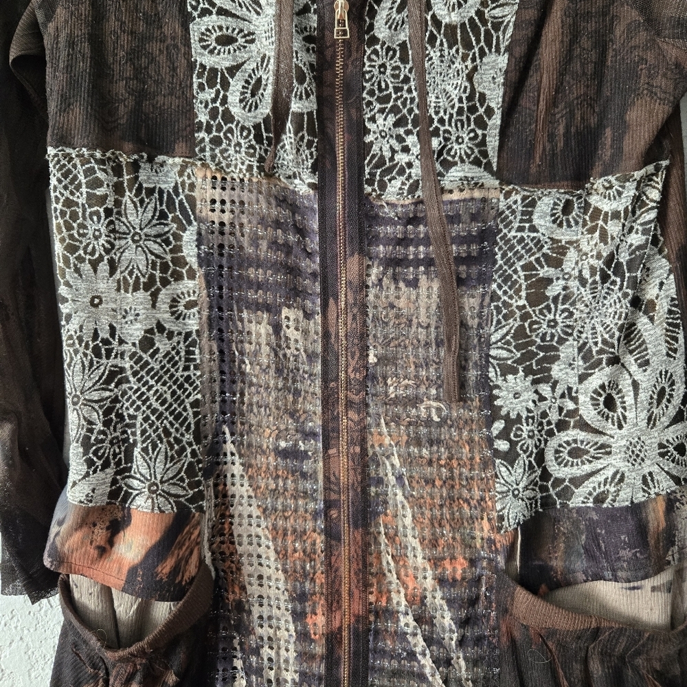 High Secret womens L Brown Mixed Media Zip up Boho Sweater - Picture 3 of 7